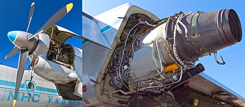 Погонски агрегати Ан-26: лево турбо-елисни мотор АИ-24ВТ, десно турбо-млазни помоћни мотор РУ19А-300
