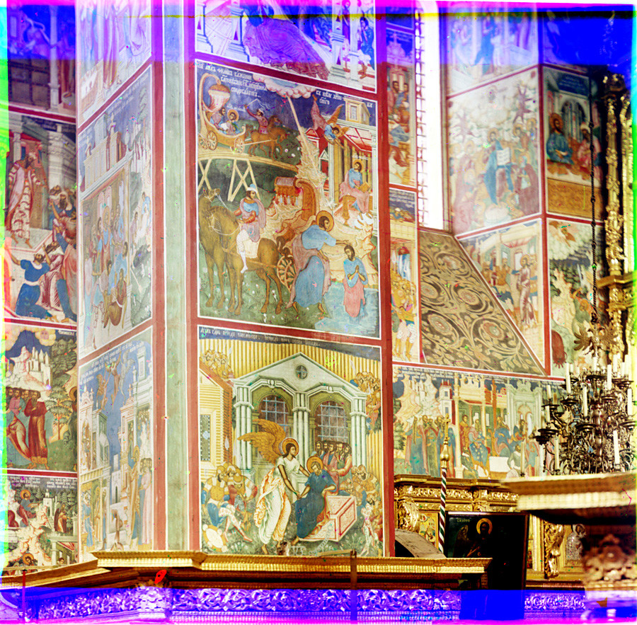 Church of Decapitation of John the Baptist at Tolchkovo. Northwest pier with frescoes: St. Peter freed from prison (bottom) & St. Philip baptizes the Ethiopian Eunuch. Background: north wall & icon screen. Summer, 1911.