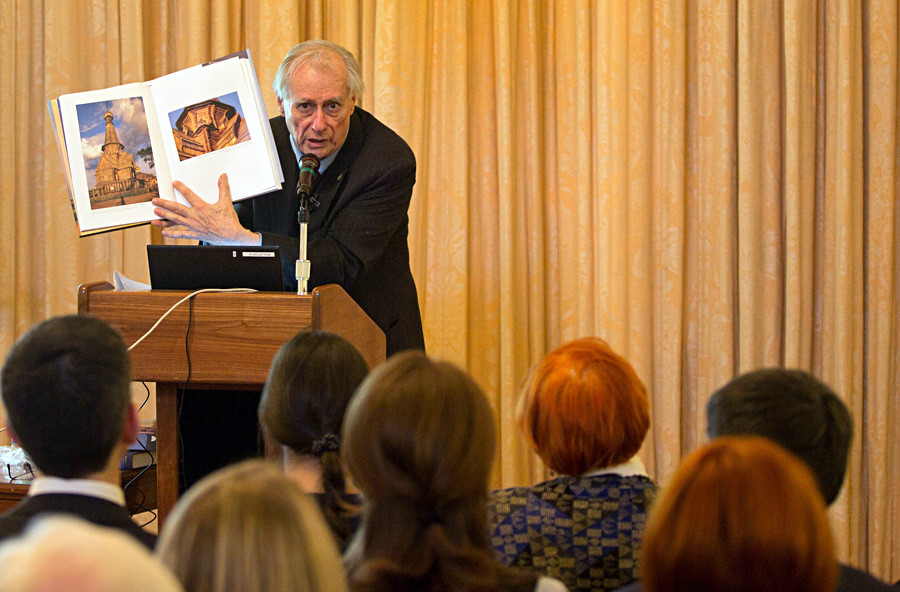 William Brumfield gives a lecture at the U.S. ambassador’s residence in Moscow, Spaso House, March 2017