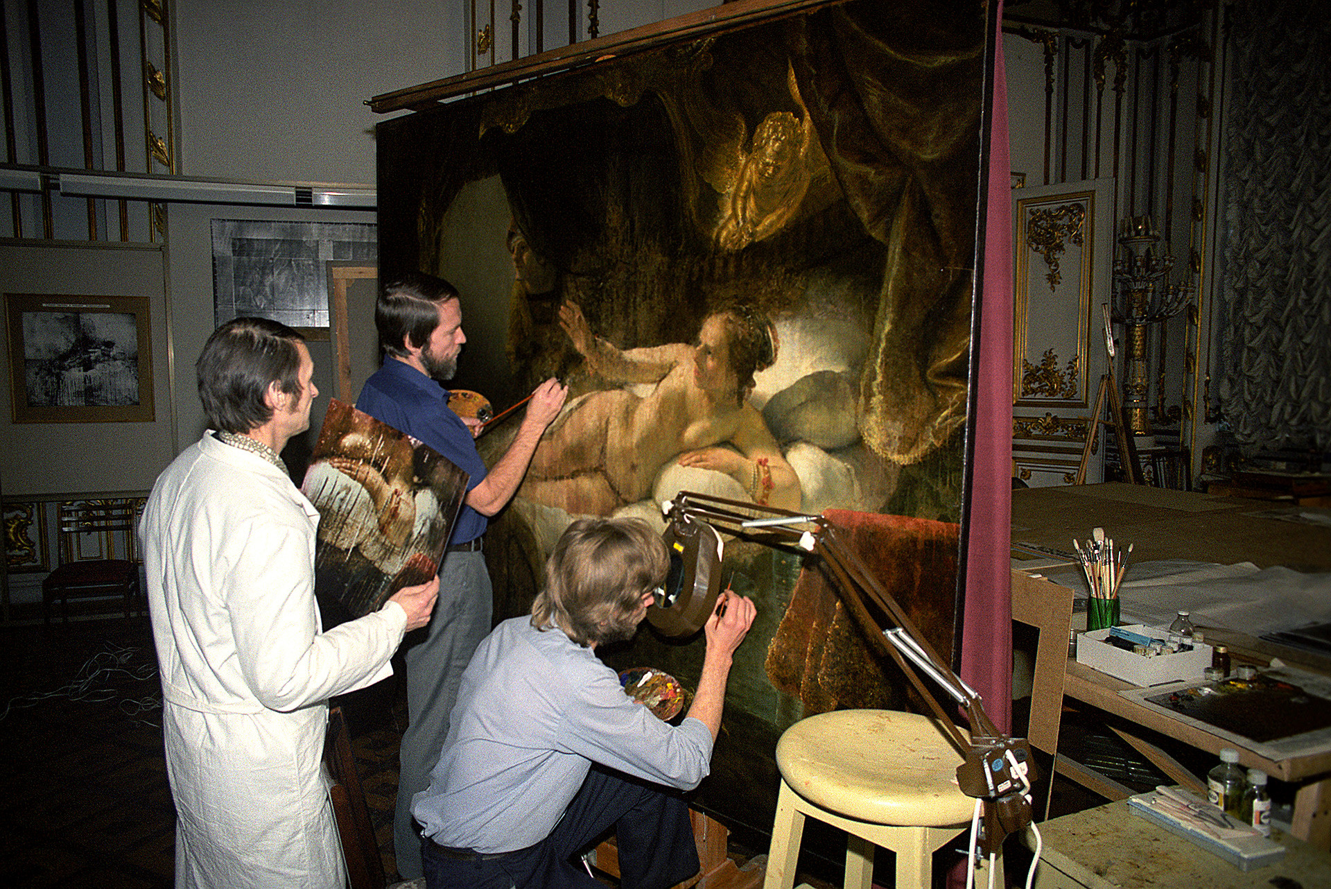 damaged masterpieces Restorers during their work on Danaë after the attack in 1985