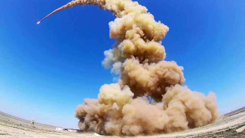  The launch of an upgraded interceptor missile of the Russian Anti-Ballistic Missile (ABM) system at the Sary-Shagan testing range, Kazakhstan. A screenshot from a video provided by the Russian Defense Ministry