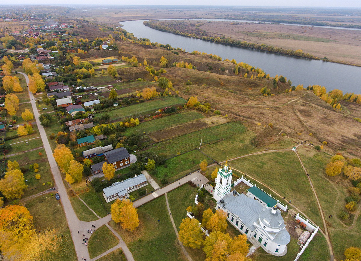 The aerial view to Oka River and the church of Kazan Icon of the Mother of God in the village of Konstantinovo.