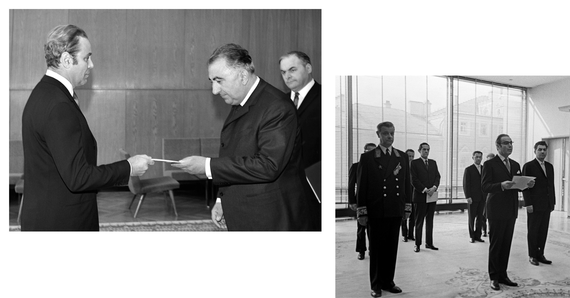 Entrega de cartas credenciales por el embajador de Perú en la URSS, Javier Pérez de Cuéllar, al vicepresidente del Presídium del Soviet Supremo de la URSS, N. Arutiunián, en el Kremlin de Moscú. 13 de junio de 1969.