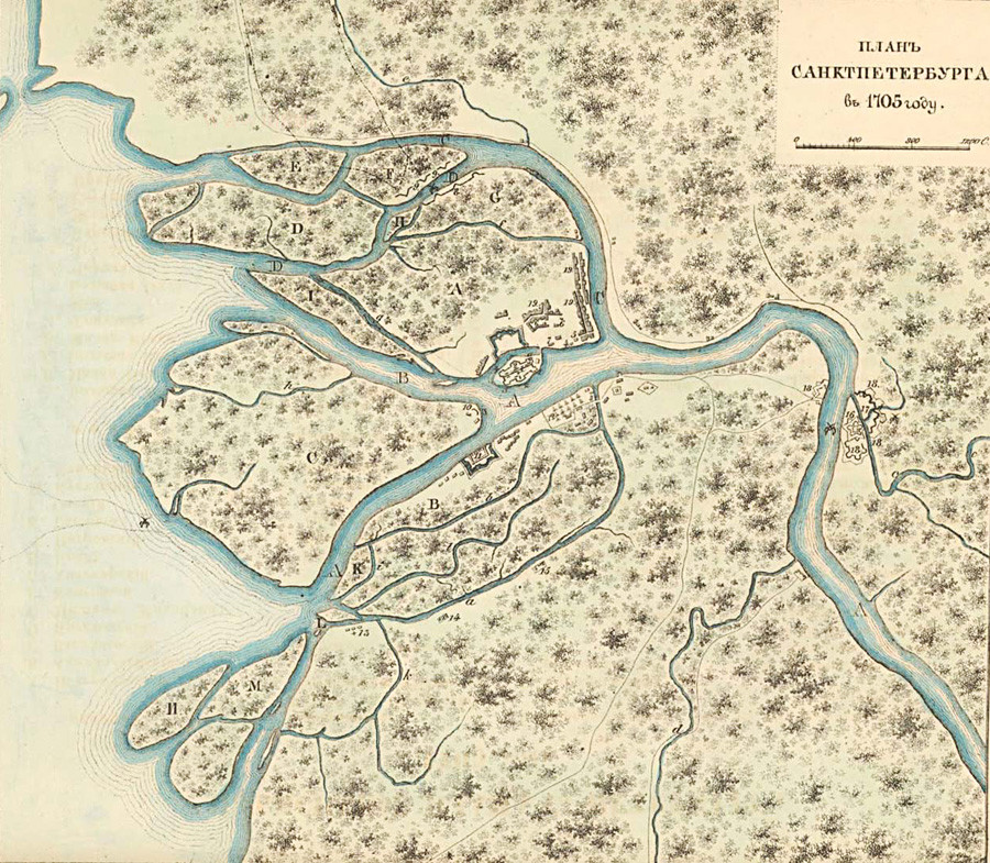 Мапа Санкт Петербурга 1705. године. Историјска реконструкција 1850-е. 