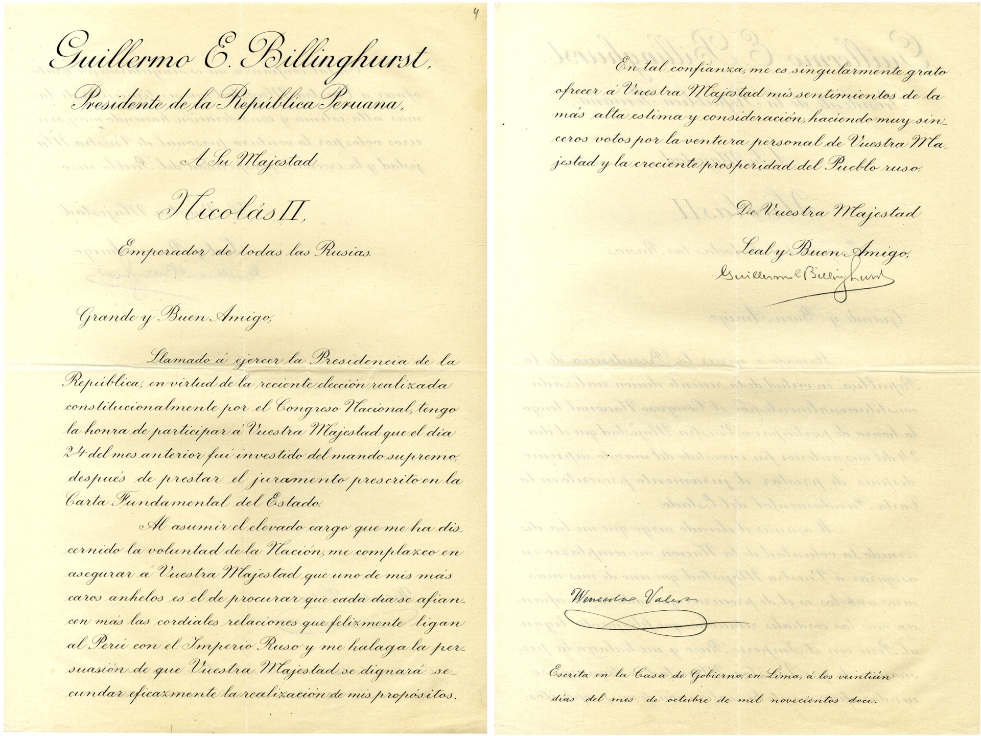 Carta del presidente de Perú, Guillermo Enrique Billinghurst, al emperador de Rusia, Nicolás II anunciando su elección como presidente de la República y reiterando “sus deseos de afianzar cada vez más las relaciones bilaterales”. 20 de octubre de 1912.