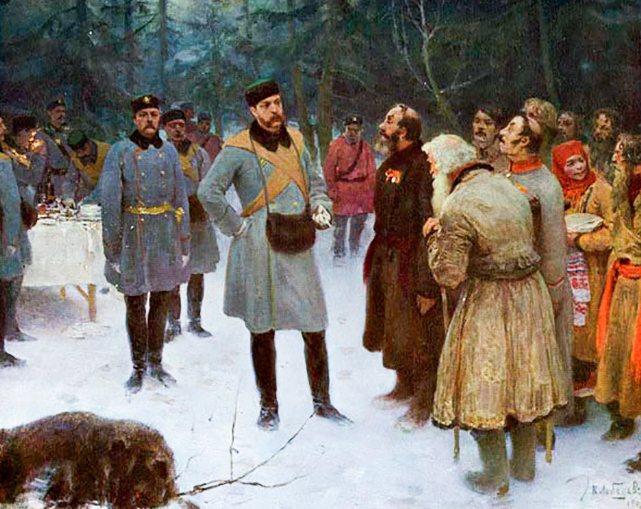 Alejandro II de Rusia hablando con los campesinos durante la cacería.