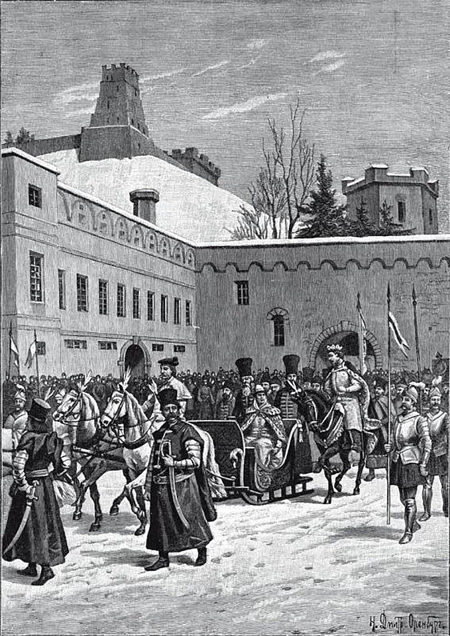 Alexander I Jagiellon conoce a Helena Ivanovna en Vilnius en 1495, por Nikolay Dmitriev-Orenburgsky