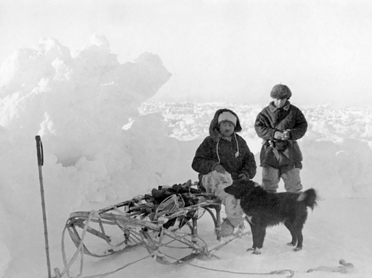 Иван Папањин и Јевгениј Фјодоров на подручју станице „Северни пол 1“ са псом Веселим.