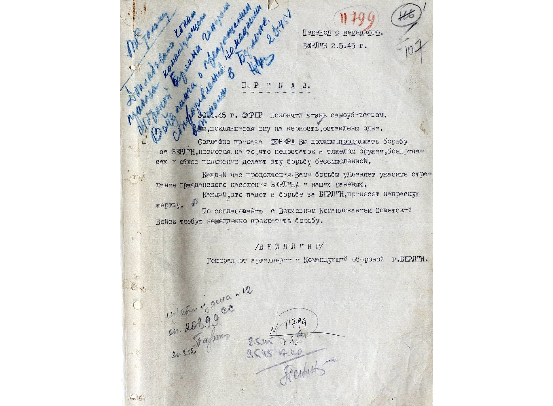 Tradução da ordem de general Helmut Weilding para o russo.