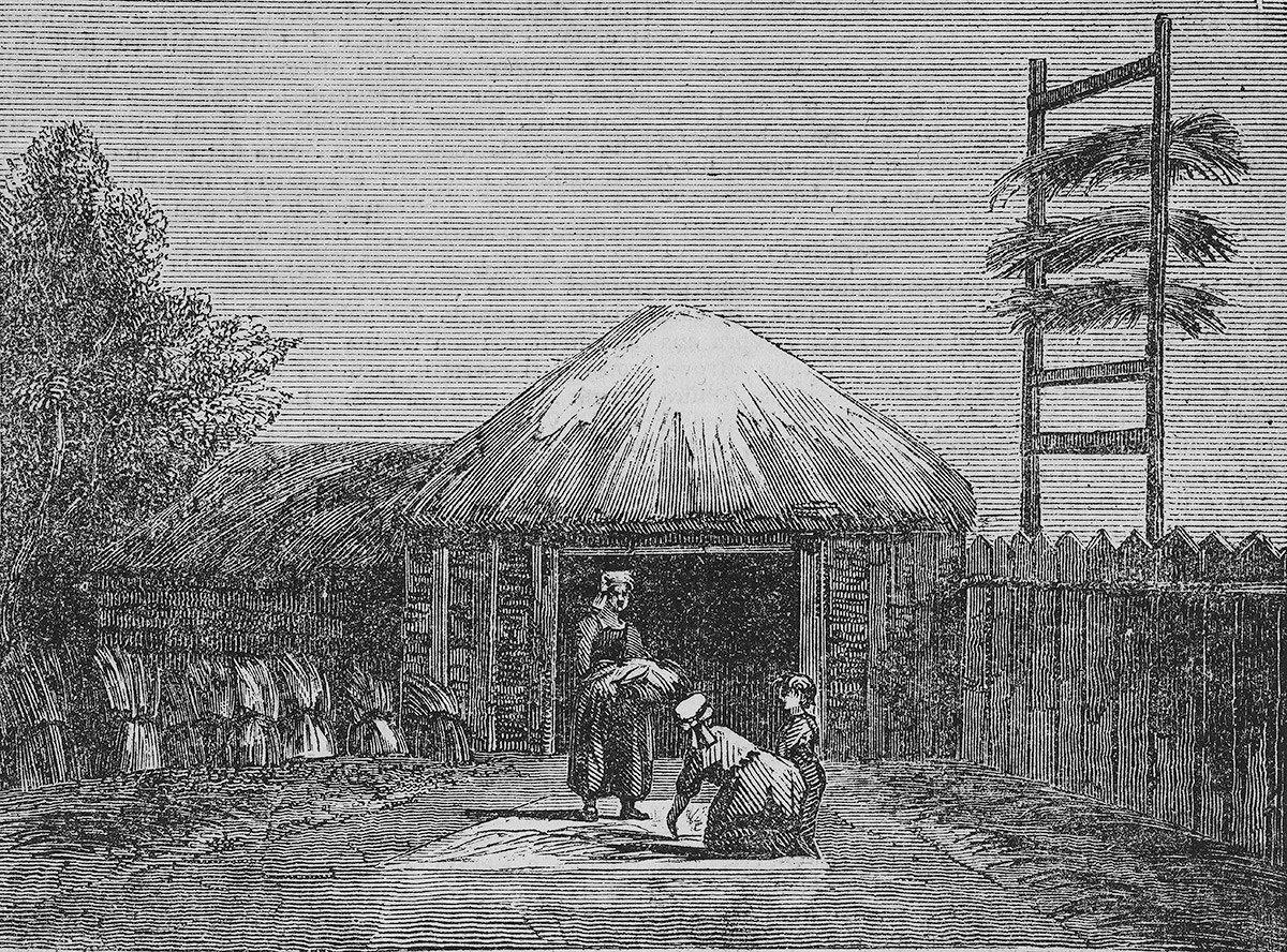 Secagem de cânhamo e linho, Rússia, ilustração do Teatro universale, 1838
