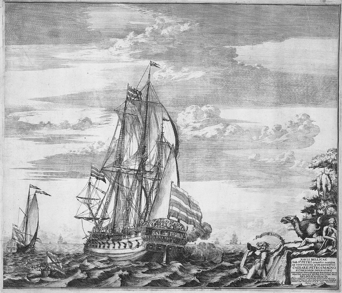 Navio almirante ‘Goto Predestinatsia’ (Providência de Deus), construído pelo tsar Pedro, o Grande, em Voronej, 1700, 1701. Encontrado na coleção do Rijksmuseum, Amsterdã. Artista: Schoonebeek (Schoonebeck), Adriaan (1661-1705)