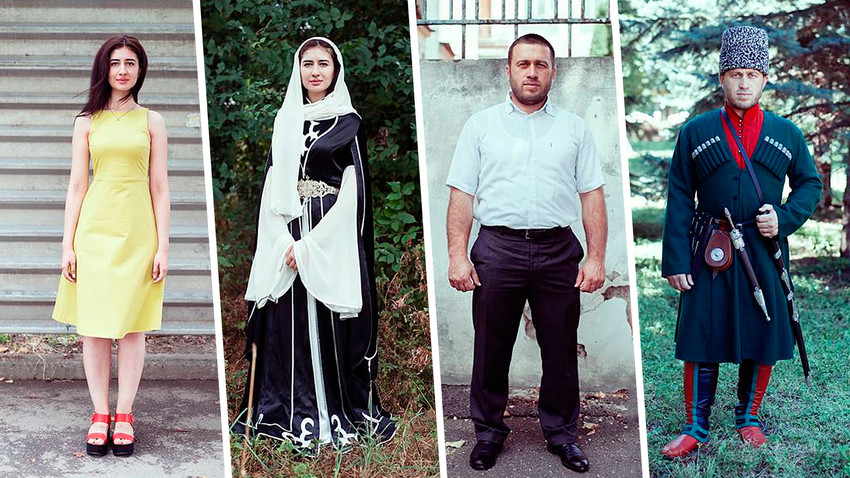 Vorher und nachher: Moderne Menschen ziehen traditionelle kaukasische