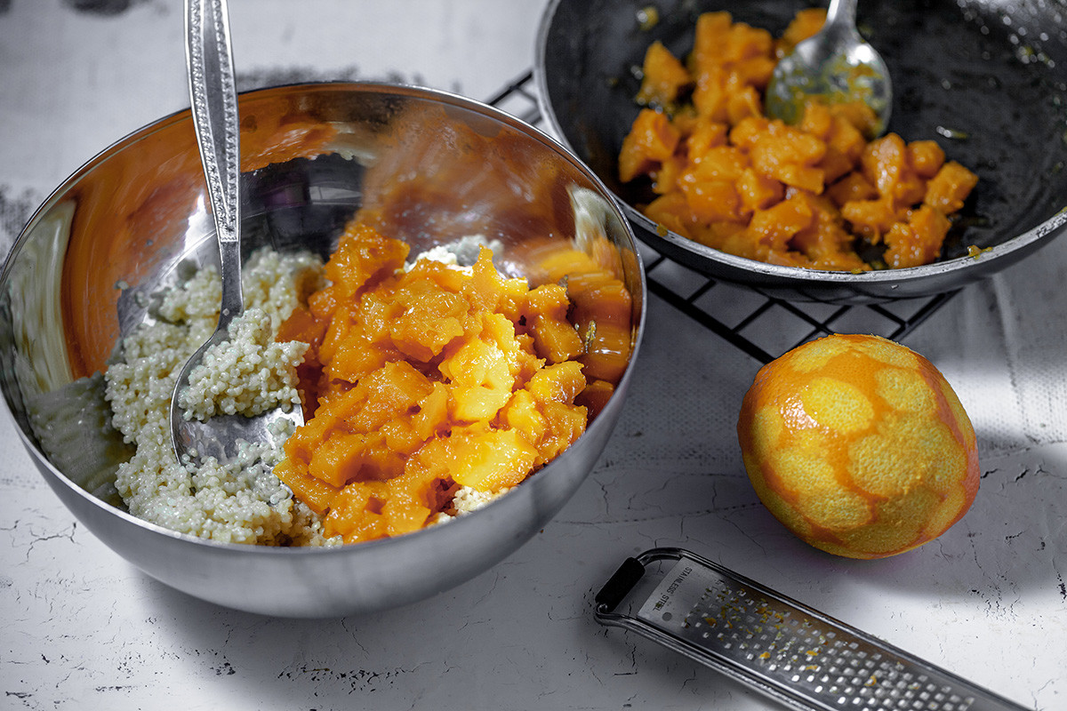 Sweet krupenik Russian millet dessert with pumpkin and citrus scent