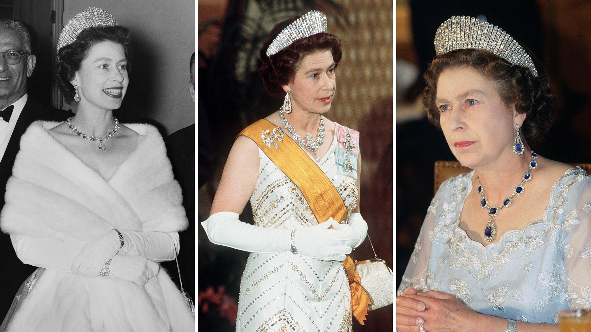 Queen Elizabeth II arrives for a lunch given by the Governor of Peshawar during a Commonwealth visit to Pakistan on February 4, 1961;  Queen Elizabeth II dressed in full regalia 1975;  Queen Elizabeth II attends a banquet in India.  1983.