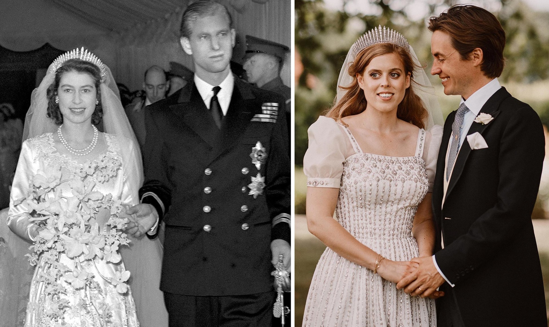 Elizabeth II's wedding in 1947 and Princess Beatrice's wedding in 2020. 