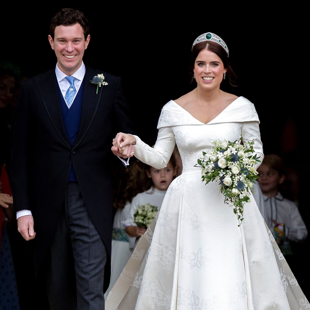 Princess Eugenie and Jack Brooksbank leave St George's Chapel in Windsor Castle after their 2018 wedding.