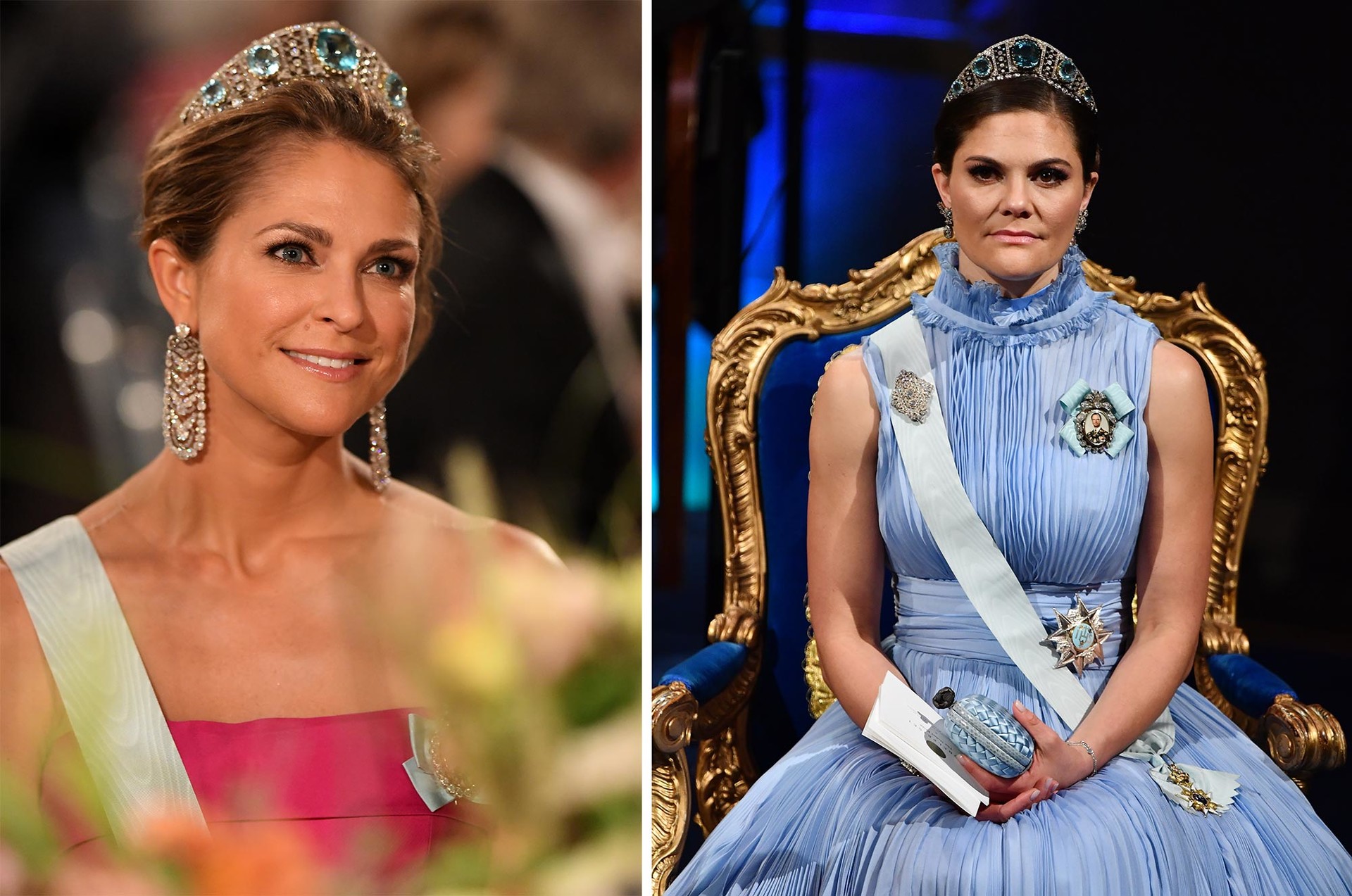 Princess Madeleine participates in the Nobel Prize banquet on December 10, 2019 in Stockholm;  Princess Victoria participates in the Nobel Prize ceremony on December 10, 2017 in Stockholm.