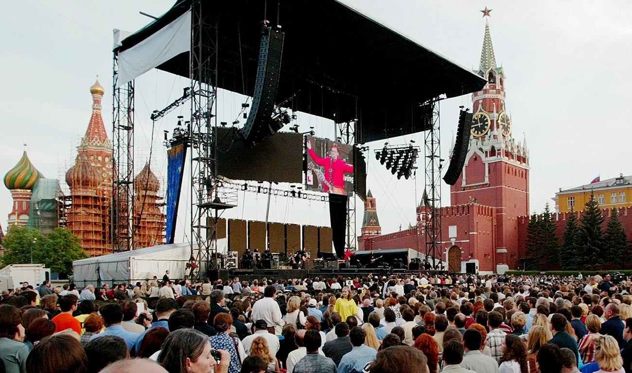 Paul McCartney's concert in Red Square, in front of St.Basil Cathedral and with Kremlin's Spassky Tower right in the background, Moscow, May 2003