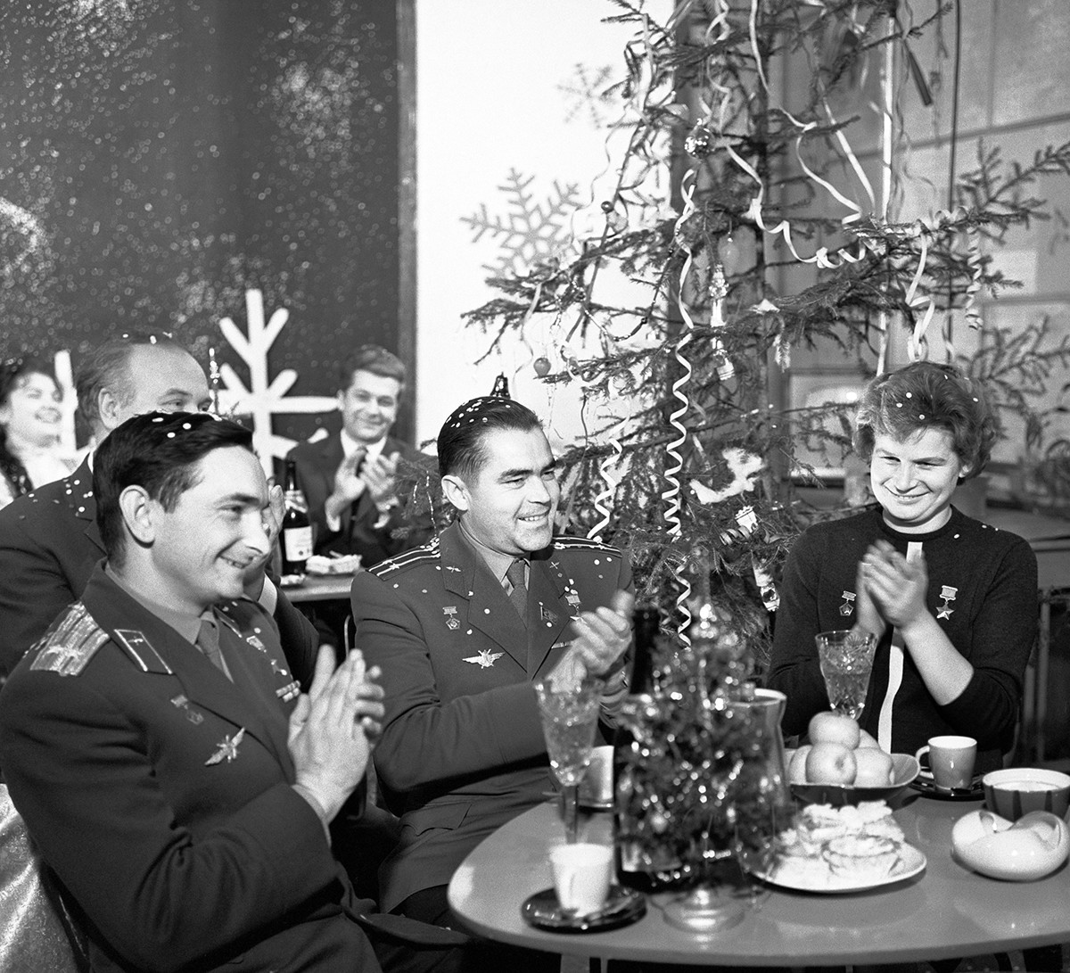 Moscow. USSR. Soviet cosmonauts Valery Bykovsky, Andrian Nikolayev, and Valentina Tereshkova (L-R) shooting in TV show 