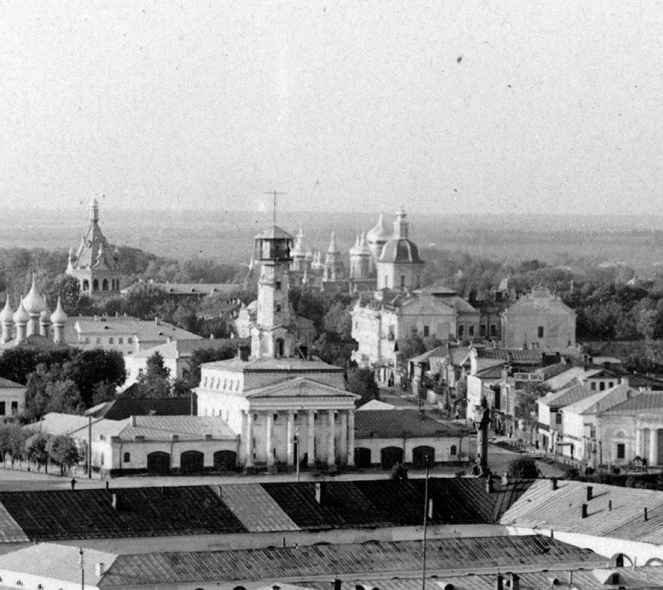 View of Susanin Square from bell tower of Epiphany Cathedral. Upper right: Epiphany Street with Tretyakov apt. buildings. Background: Epiphany Convent. Center: Fire tower & station on Susanin Square. Summer 1910