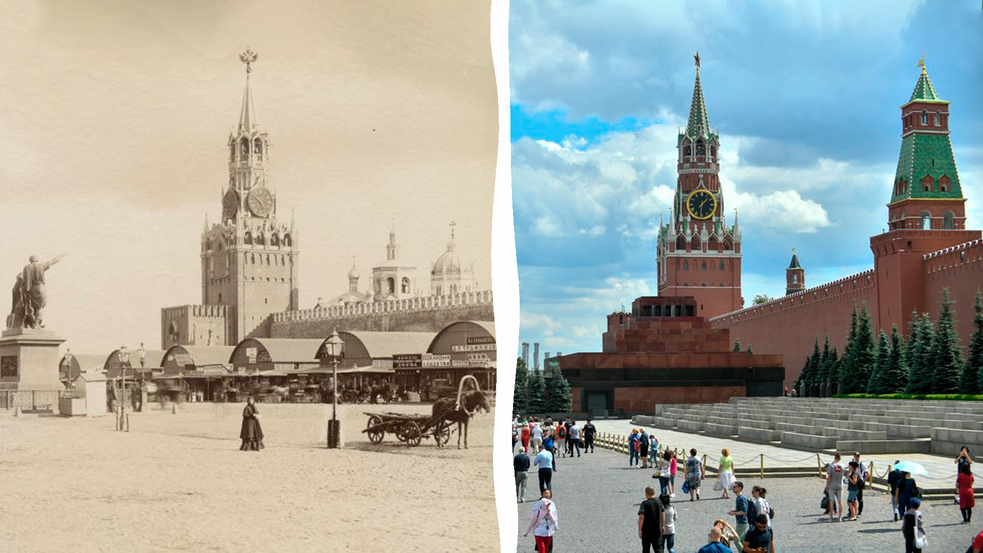 Red Square at the end of the XIX century and today. 