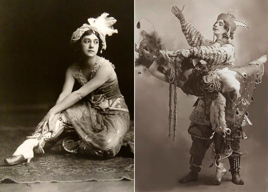 Left: Tamara Karsavina as Zobeida in Scheherazade, 1911; Tamara Karsavina and Michel Fokine in The Firebird. 