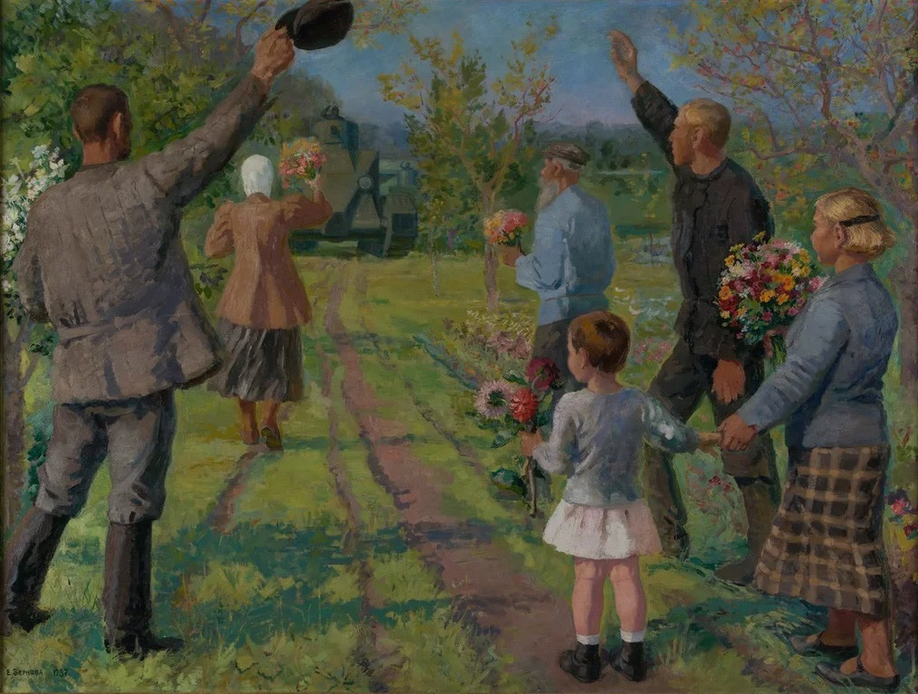 Колхозници поздравяват танкисти, 1937