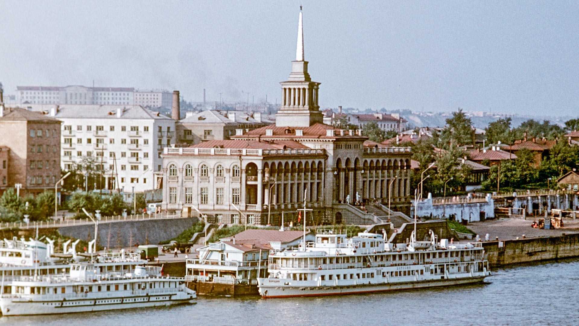 View of a river terminal in Krasnoyarsk, East Siberia, 1965.