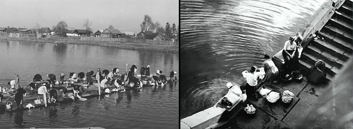 Washing day in Vologda Region, 1950. Washing on the Moskva River, 1925.