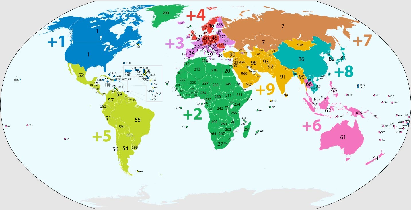 World map of the country calling codes --- 