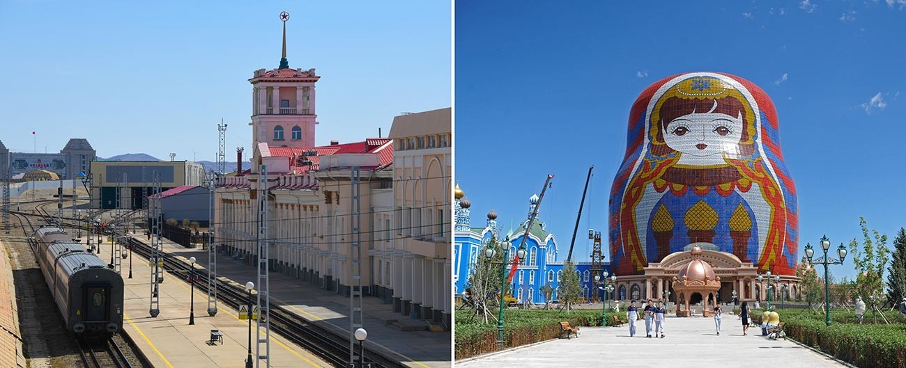 Levo - ruski Zabajkalsk. Desno - kitajski zabaviščni center z velikansko Matrjoško.                                                                 