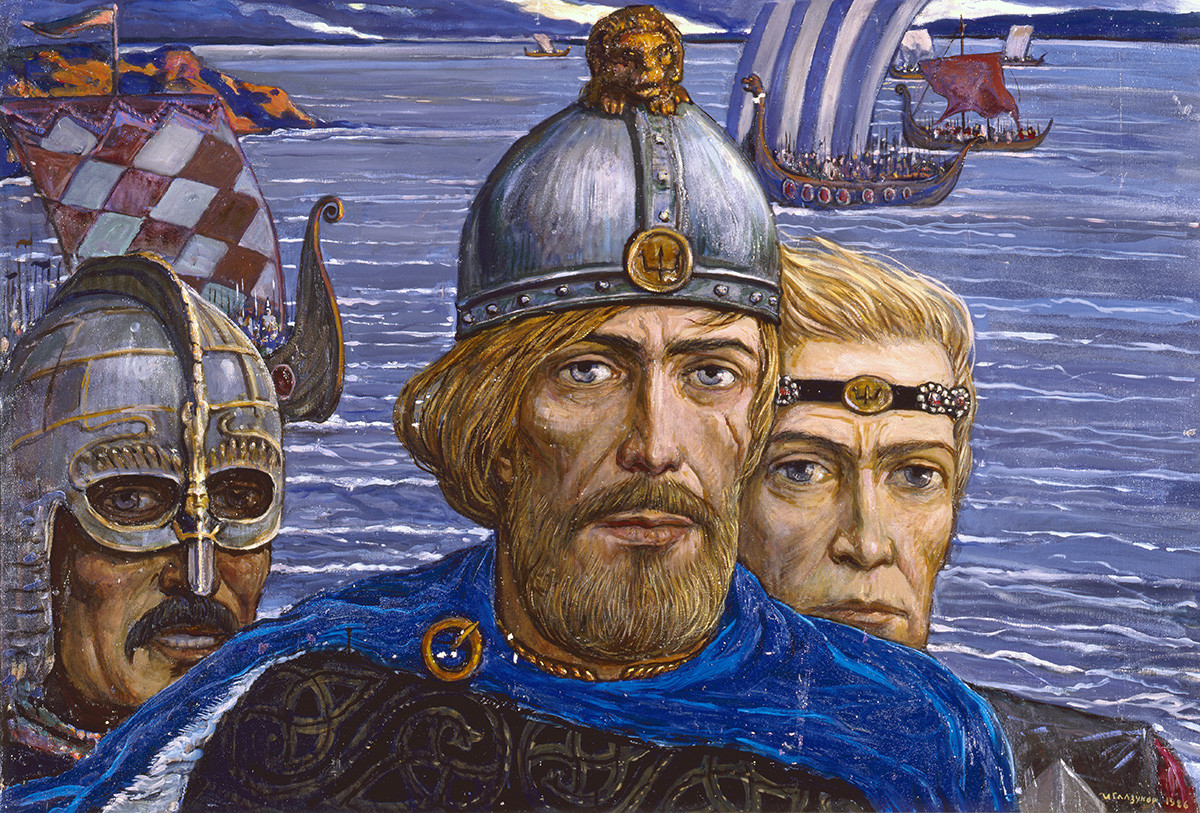 Репродукция на картината „Внуците на Гостомисл: Рюрик, Трувор, Синеус“ - централната част на триптиха. Художник Иля Глазунов