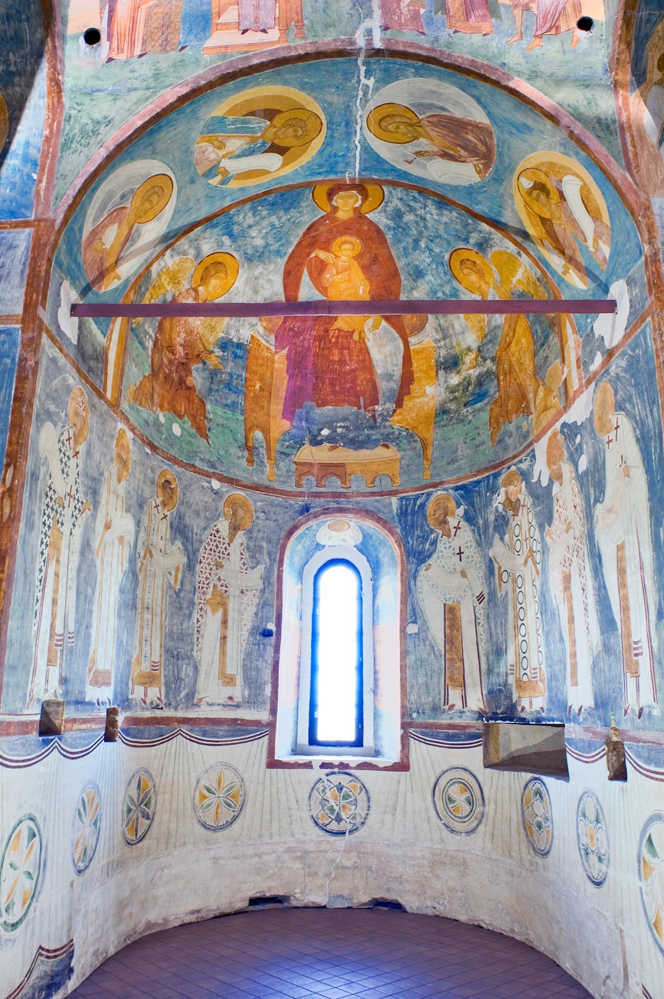 Cathedral of Nativity. Central apse (for main altar). Fresco of Mary enthroned with Archangels Gabriel & Michael. Lower row: Church Fathers at liturgy. June 1, 2014 