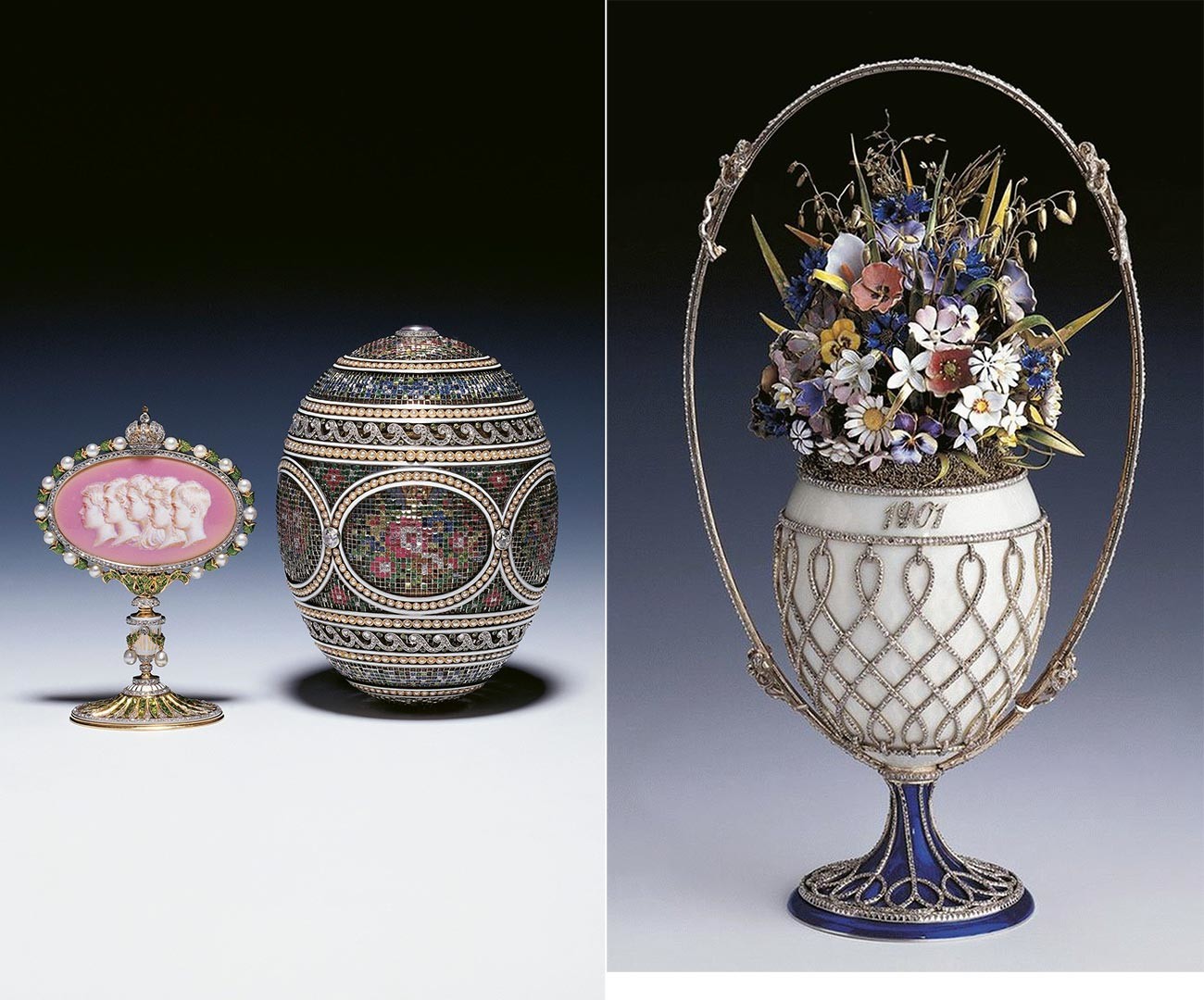 Fabergé eggs: the 'mosaic' (left) and the 'basket of wild flowers'