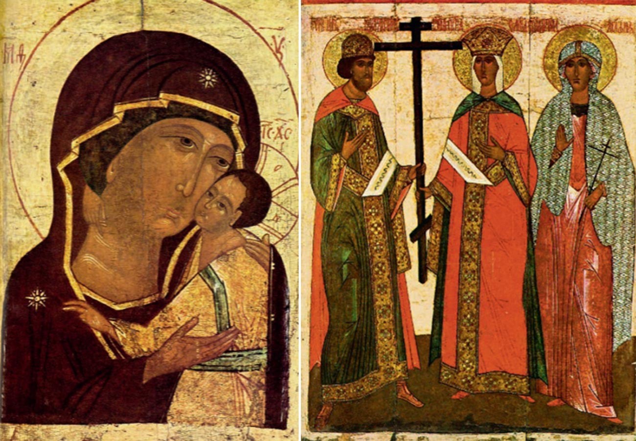 Icons of the Virgin and Child (left) and of the Holy Emperor Constantine and his Mother Hélène, the icon of Saint Agatha is also present.