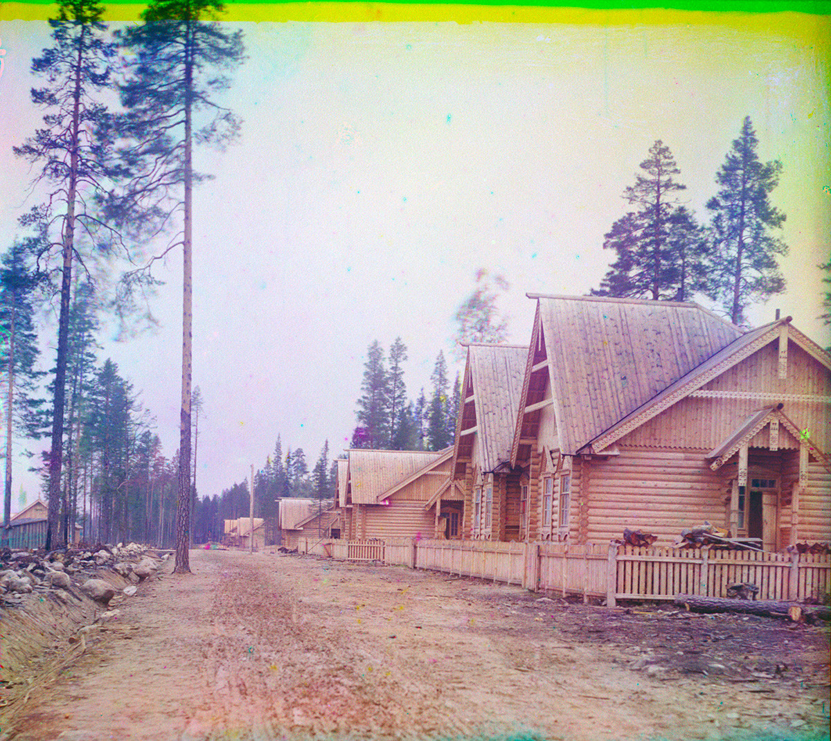 Maselskaya Station. Row of new log houses behind station. Summer 1916