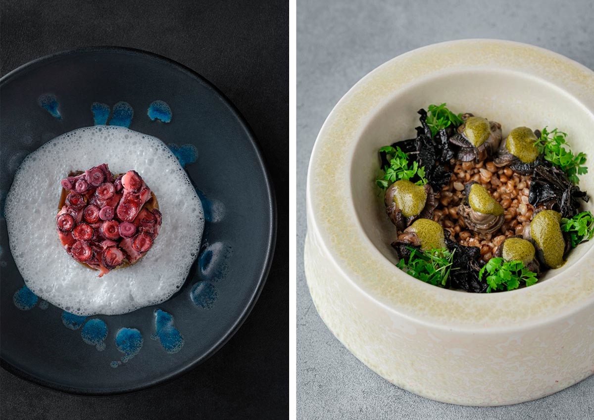 Octopus with coconut kefir and eggplant; Grape snails with buckwheat.