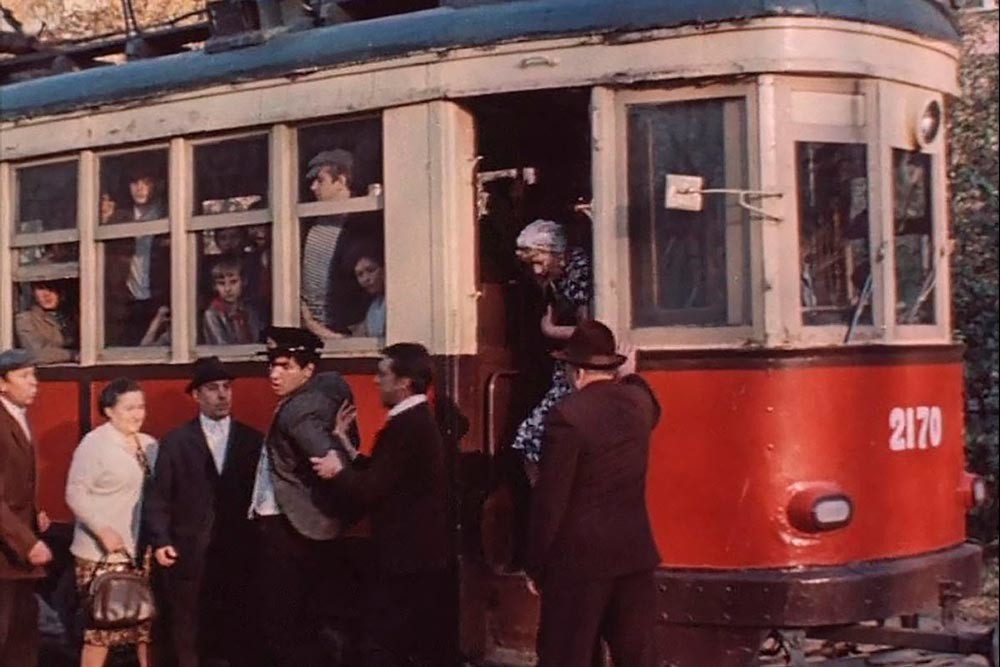 A pickpocket arrested at a tram stop, still from