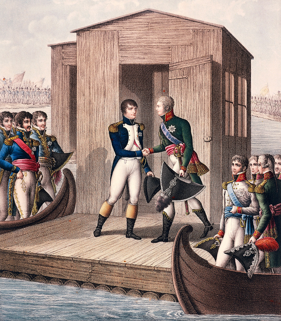 Meeting between Napoleon Bonaparte and Czar Alexander I Romanov at Tilsit, June 25, 1807. 