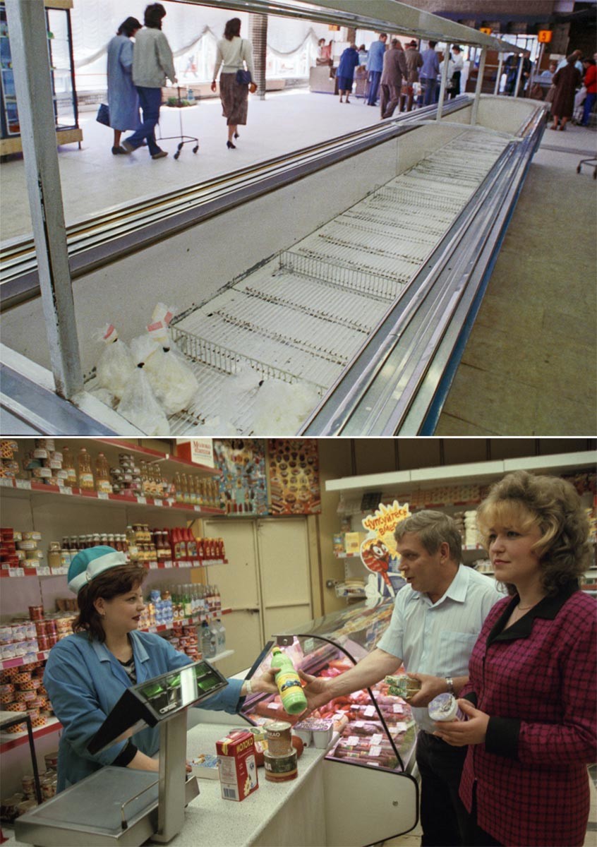 Seção de carnes em mercado de Moscou em 1990.
