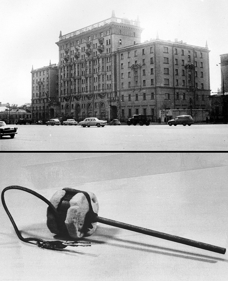 The U.S. Embassy in Moscow (above).  Below is one of more than 40 secret microphones found in the American Embassy in Moscow.