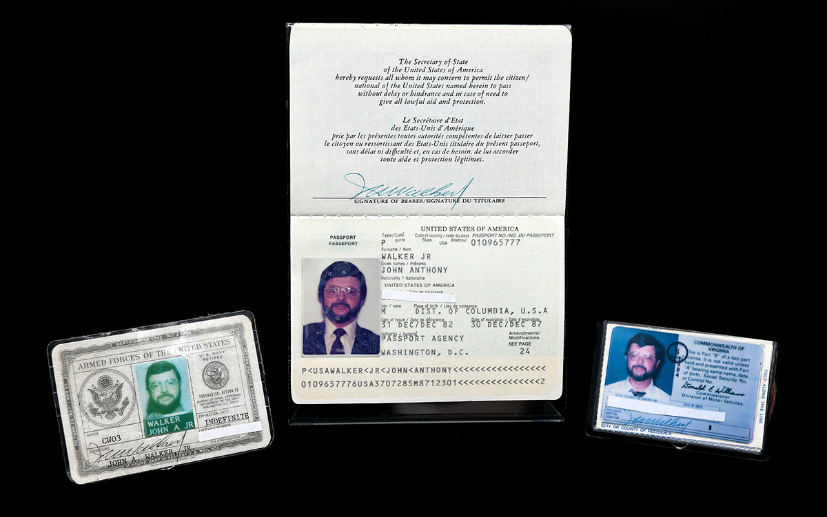 Identification documents used by spy John Anthony Walker, including a driver’s license, U.S. passport, and military ID.