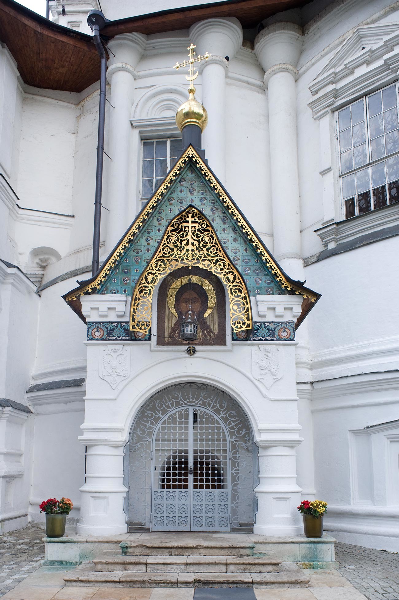 Novospassky Monastery, Transfiguration Cathedral. East facade with original entrance to Romanov burial crypt. August 18, 2013
