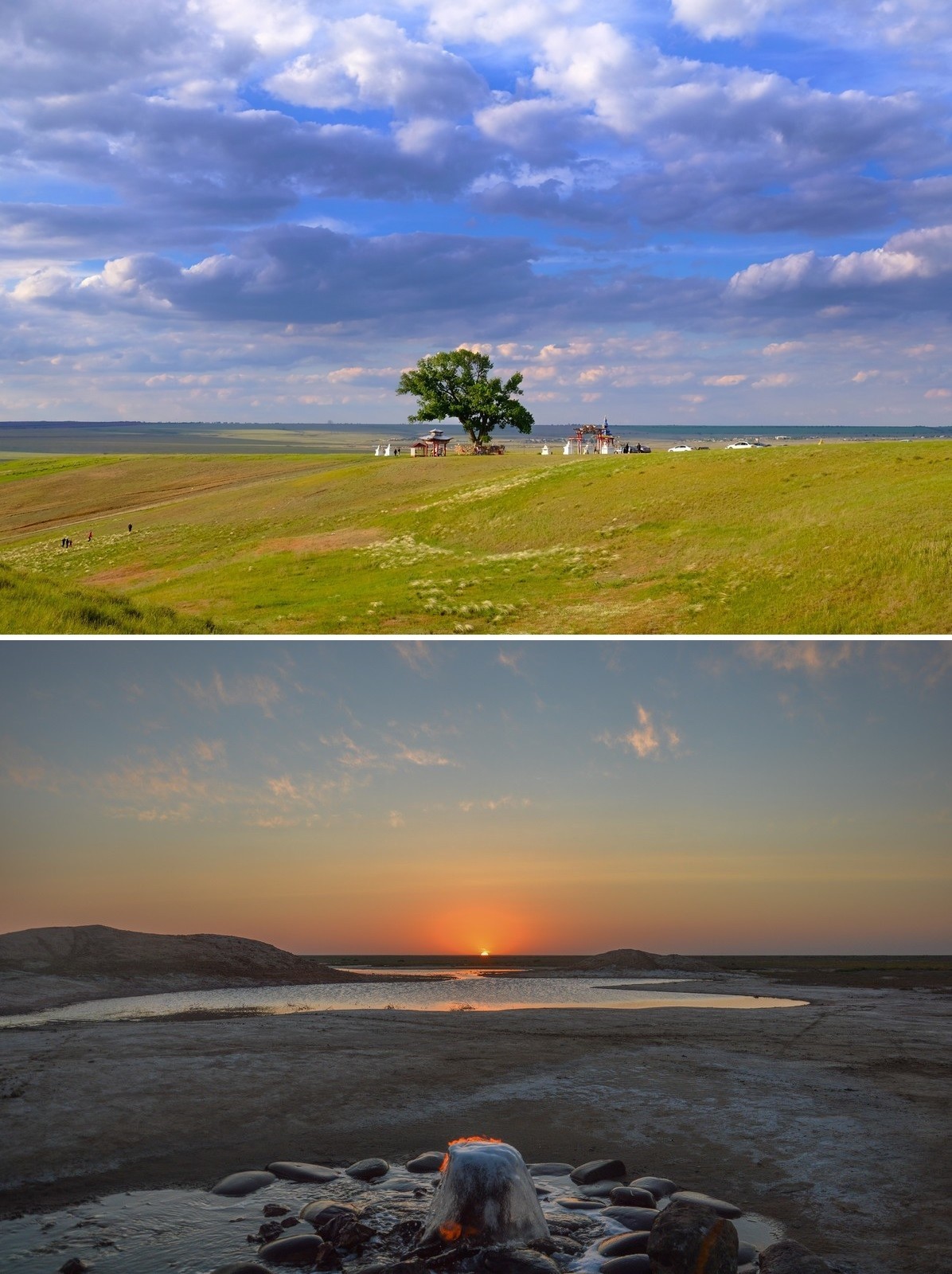 Planted by a Buddhist monk in 1846, the “solitary poplar” dominates the Kalmyk steppe.  On the second photo: a source of salt water which also emits gas, which allows it to be ignited and to pass the hand over it without being burned. 