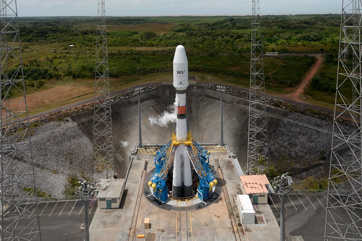 Soyuz-ST-B launch vehicle on the launch pad of the Kourou cosmodrome in French Guiana, 2019.