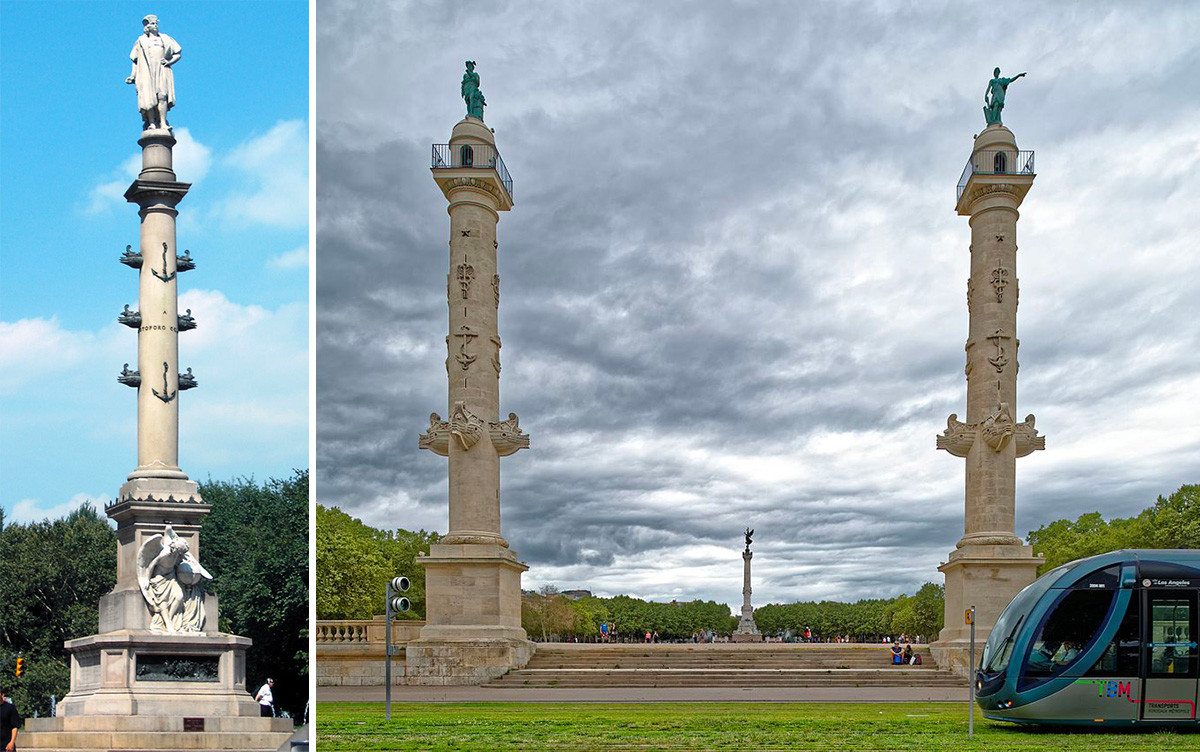 Monumento no Columbus Circle (esq.), em Nova York; e colunas rostrais do Palácio dos Quinconces, em Bordeaux