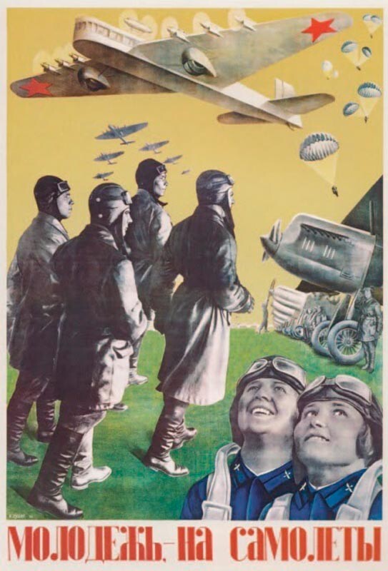 Jovens, subam nos aviões! Pôster do artista G. Klutsis, 1934