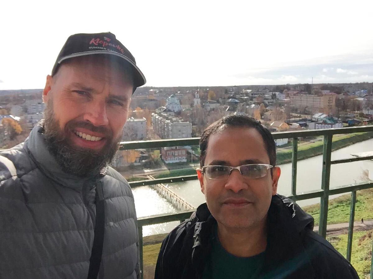 Ajay and Victor are at the top of the bell tower of the Cathedral of the Resurrection.