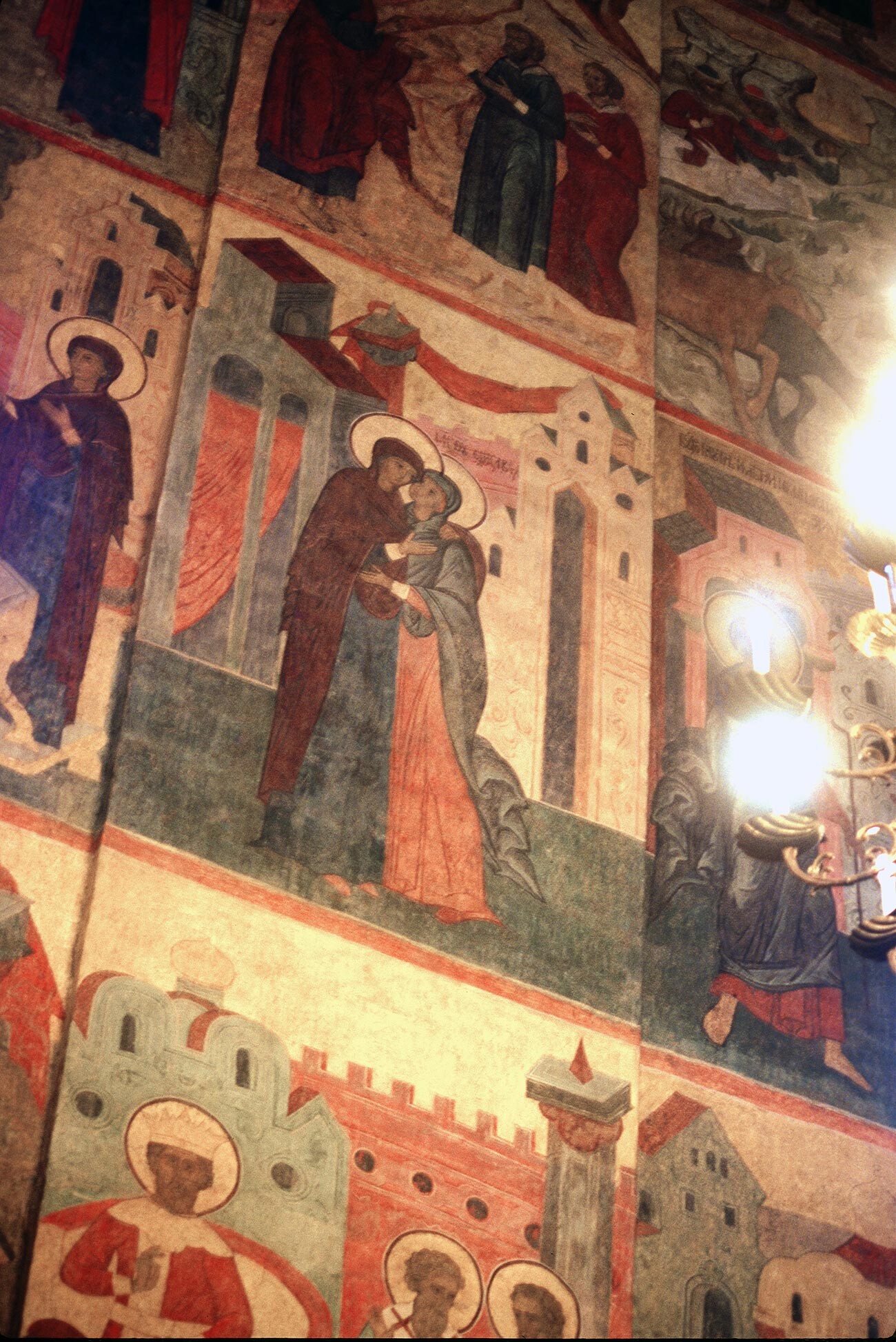 Dormition Cathedral, interior. South wall with fresco of the Visitation (Virgin Mary & St. Elizabeth, mother of John the Baptist). July 11, 1999