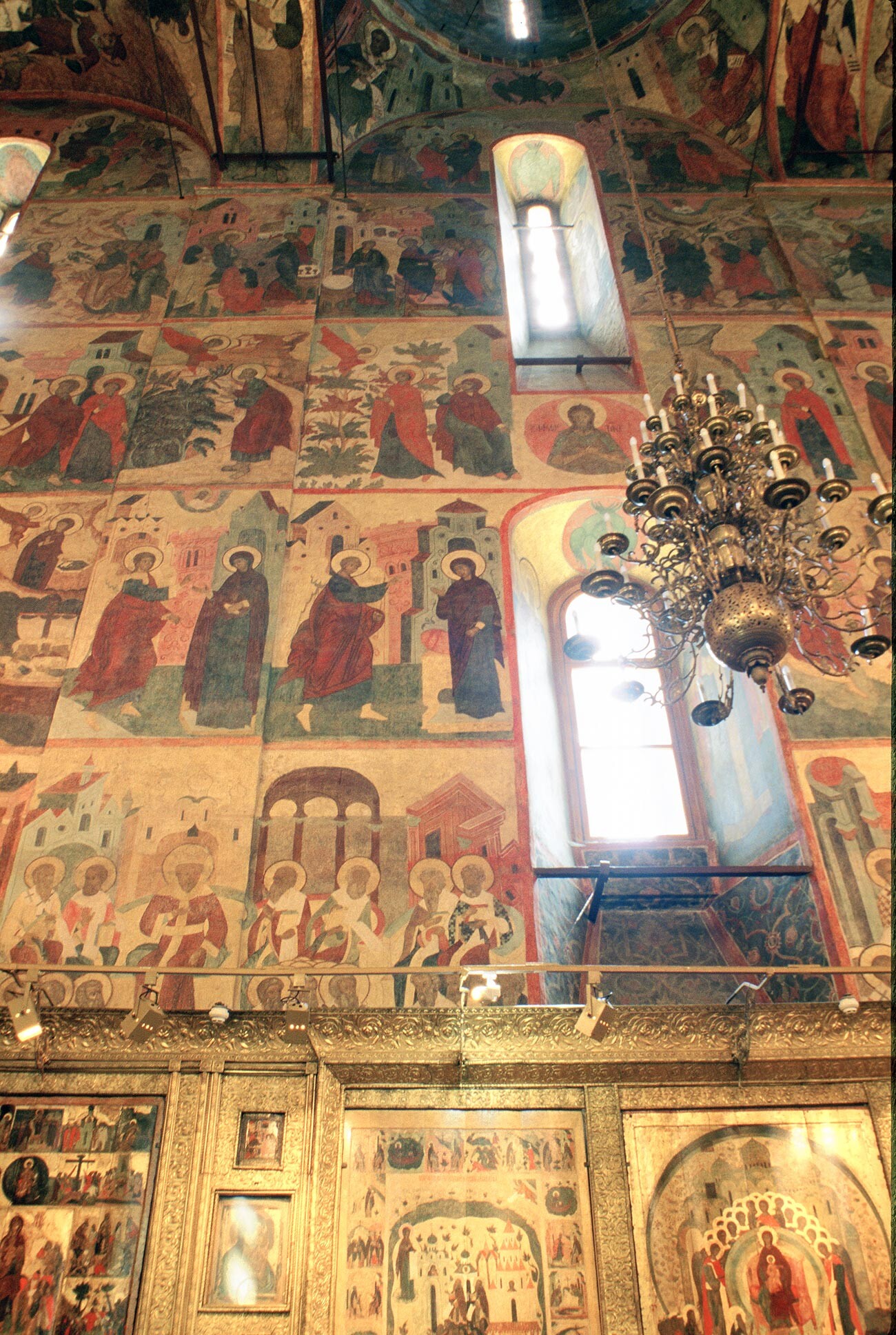 Dormition Cathedral, interior. North wall with fresco of Annuncation (center). July 11, 1999